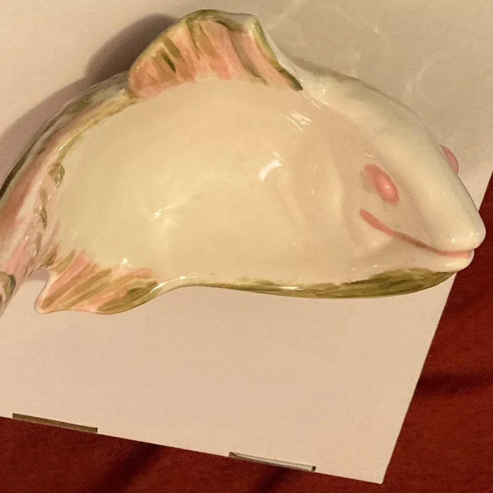 VTG 1950's MCM Pink/Green Glazed Ceramic Fish-Soap/Jewelry Dish-9” L-5.25